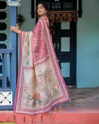 Elegant rose pink handloom saree with floral garden & bird art with blouse 2