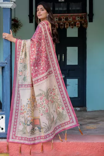 Elegant rose pink handloom saree with floral garden & bird art with blouse