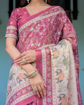 Elegant rose pink handloom saree with floral garden & bird art with blouse 4