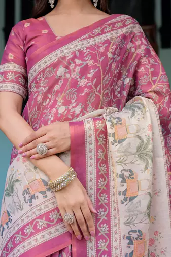 Elegant rose pink handloom saree with floral garden & bird art with blouse