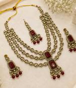 Muti layered Maroon Kundan Bridal Necklace earring maangtikka Jewellery Set for wedding festival