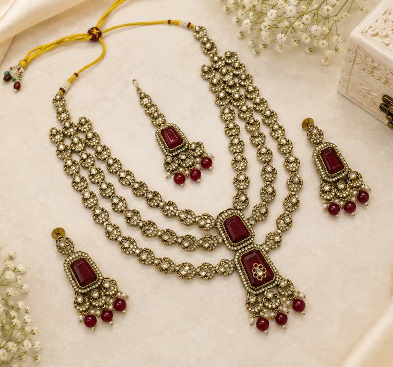 Muti layered Maroon Kundan Bridal Necklace earring maangtikka Jewellery Set for wedding festival