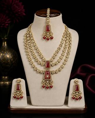 Muti layered Maroon Kundan Bridal Necklace earring maangtikka Jewellery Set for wedding festival 2