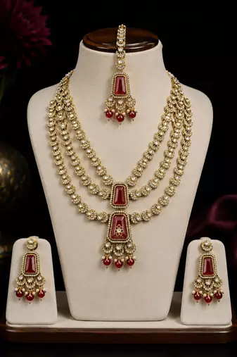 Muti layered Maroon Kundan Bridal Necklace earring maangtikka Jewellery Set for wedding festival