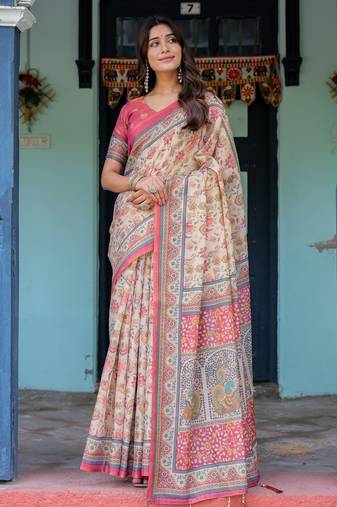 Elegant cream pink handloom saree with floral garden & peacock art with blouse
