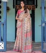 Elegant cream pink handloom saree with floral garden & peacock art with blouse