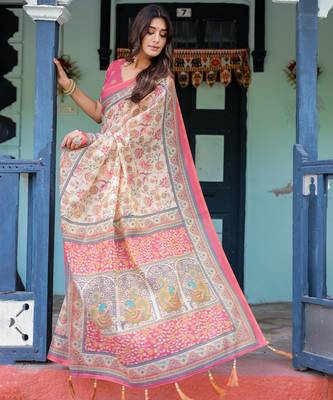 Elegant cream pink handloom saree with floral garden & peacock art with blouse 2