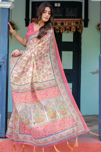 Elegant cream pink handloom saree with floral garden & peacock art with blouse