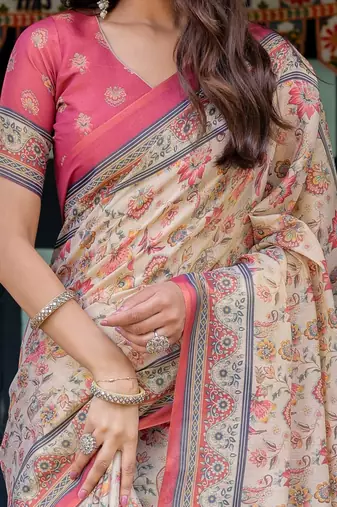 Elegant cream pink handloom saree with floral garden & peacock art with blouse