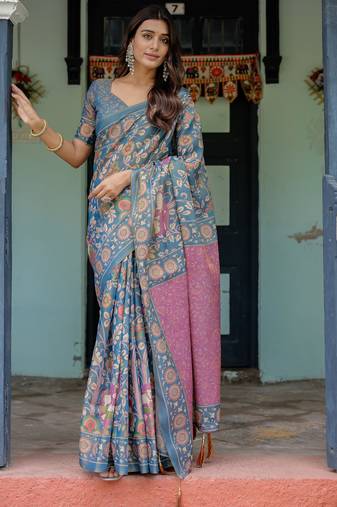 Elegant steel blue handloom saree with floral heritage art with blouse