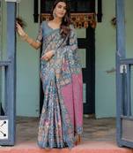 Elegant steel blue handloom saree with floral heritage art with blouse