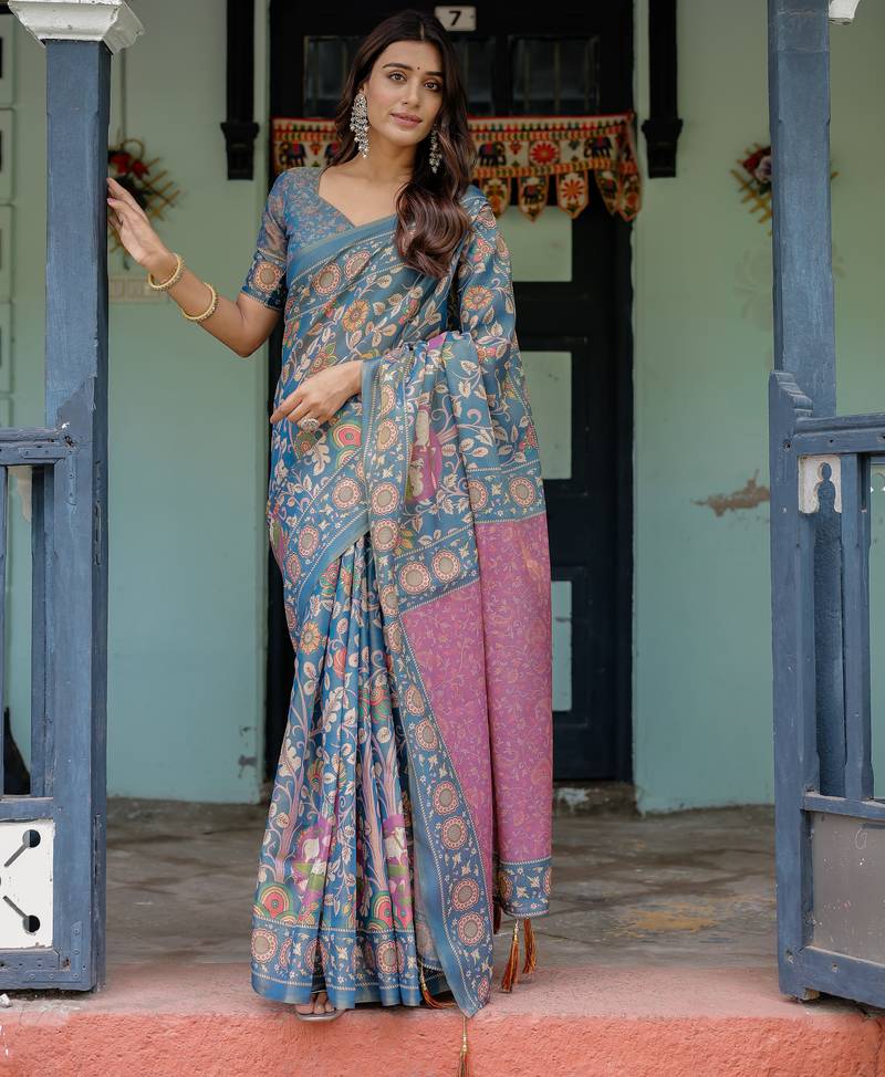 Elegant steel blue handloom saree with floral heritage art with blouse