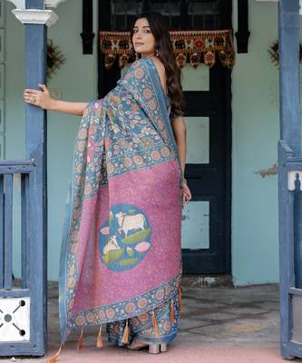 Elegant steel blue handloom saree with floral heritage art with blouse 2