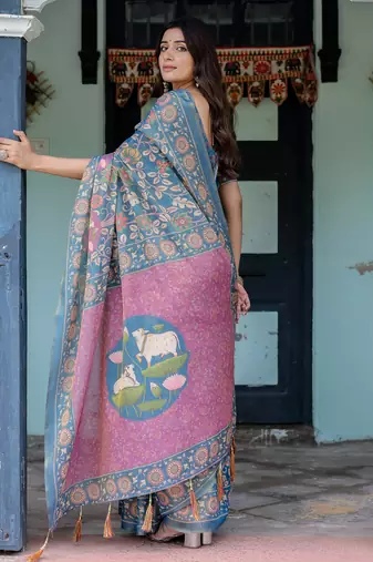 Elegant steel blue handloom saree with floral heritage art with blouse