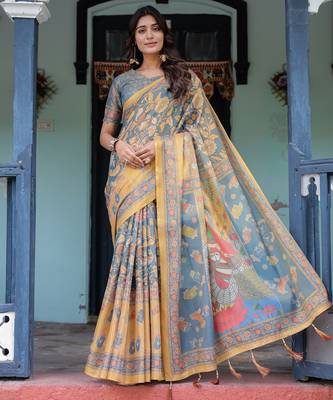Elegant slate blue handloom saree with divine peacock pallu art with blouse 1