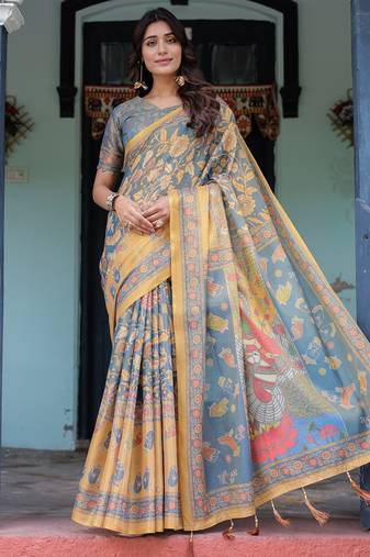 Elegant slate blue handloom saree with divine peacock pallu art with blouse