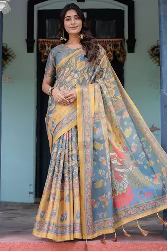 Elegant slate blue handloom saree with divine peacock pallu art with blouse