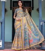 Elegant slate blue handloom saree with divine peacock pallu art with blouse