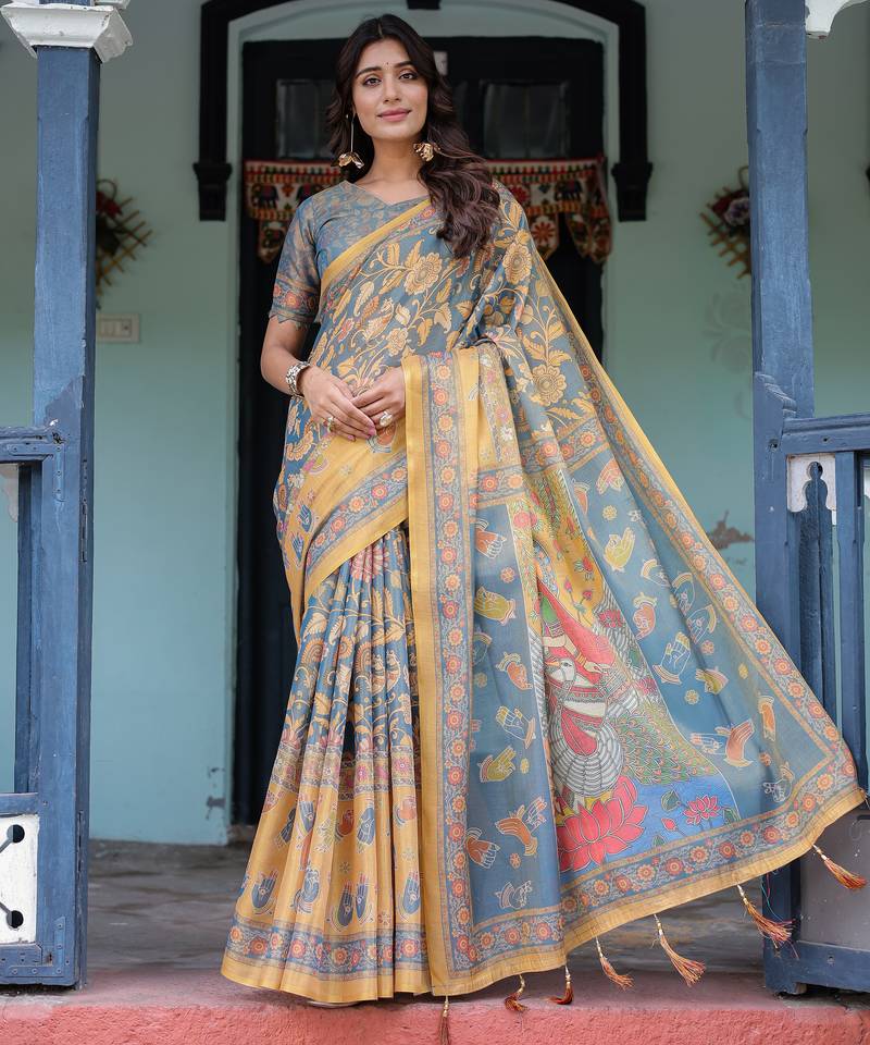 Elegant slate blue handloom saree with divine peacock pallu art with blouse