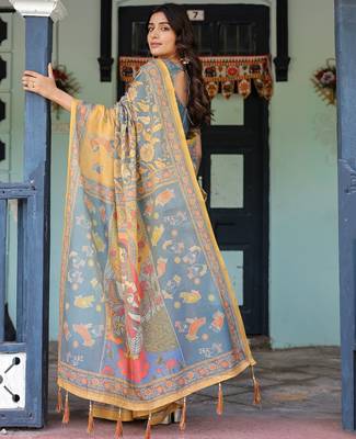 Elegant slate blue handloom saree with divine peacock pallu art with blouse 2