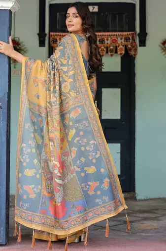 Elegant slate blue handloom saree with divine peacock pallu art with blouse