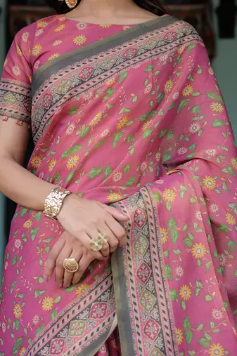 Elegant rani pink handloom saree with floral & artistic peacock design with blouse