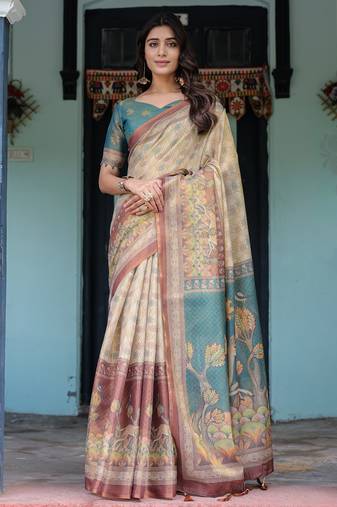 Elegant ivory beige handloom saree with nature-inspired artistic pallu with blouse