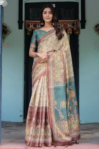 Elegant ivory beige handloom saree with nature-inspired artistic pallu with blouse