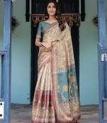 Elegant ivory beige handloom saree with nature-inspired artistic pallu with blouse