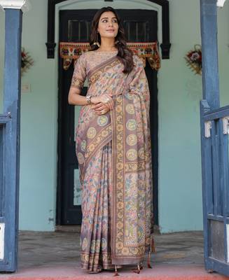 Elegant mocha beige handloom saree with floral heritage art with blouse 1