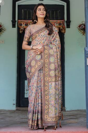 Elegant mocha beige handloom saree with floral heritage art with blouse