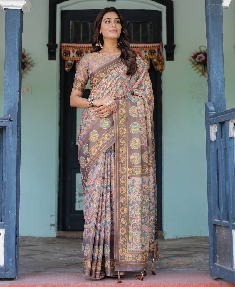 Elegant mocha beige handloom saree with floral heritage art with blouse