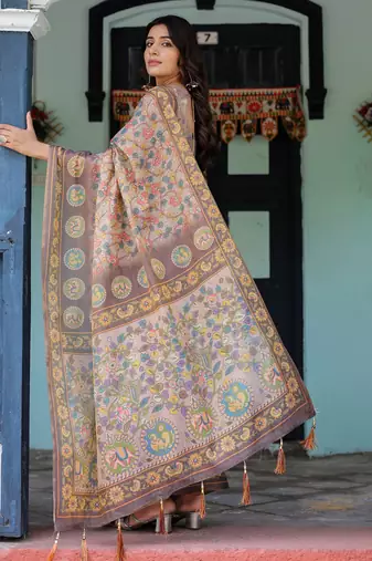 Elegant mocha beige handloom saree with floral heritage art with blouse