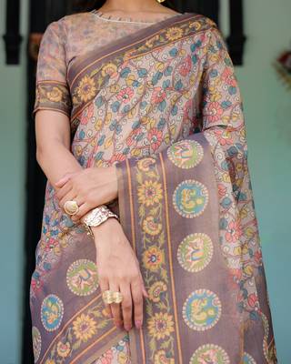 Elegant mocha beige handloom saree with floral heritage art with blouse 5
