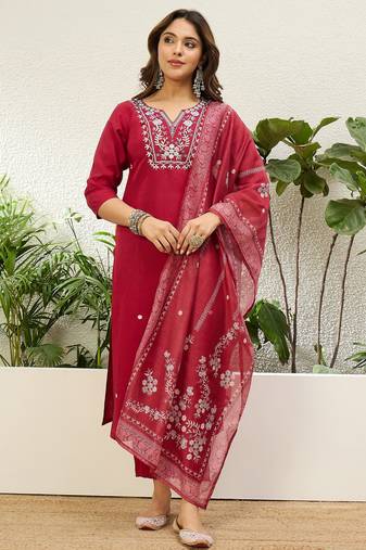 Red premium designer festive wear readymade suit