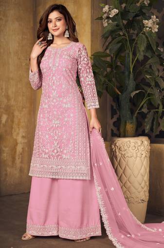 Elegant Blossom Pink Heavy Cording Work Net Salwar Suit