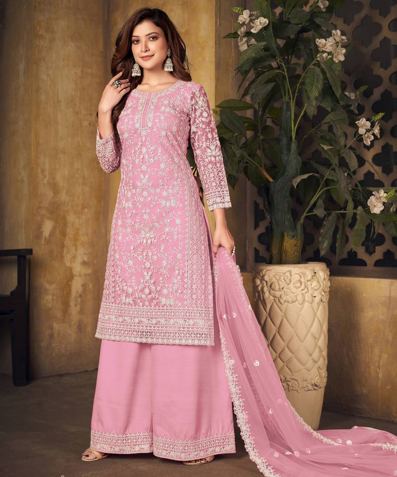 Elegant Blossom Pink Heavy Cording Work Net Salwar Suit
