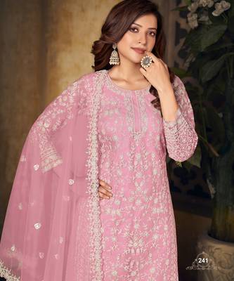 Elegant Blossom Pink Heavy Cording Work Net Salwar Suit 2