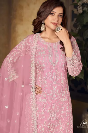 Elegant Blossom Pink Heavy Cording Work Net Salwar Suit
