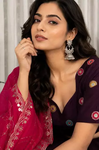 Wine Embroidery and sequins Aari mirror Roman Silk Blend Lahenga Choli Set