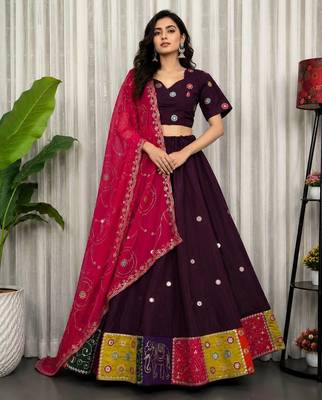 Wine Embroidery and sequins Aari mirror Roman Silk Blend Lahenga Choli Set 1
