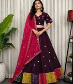 Wine Embroidery and sequins Aari mirror Roman Silk Blend Lahenga Choli Set