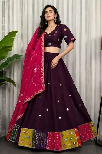 Wine Embroidery and sequins Aari mirror Roman Silk Blend Lahenga Choli Set