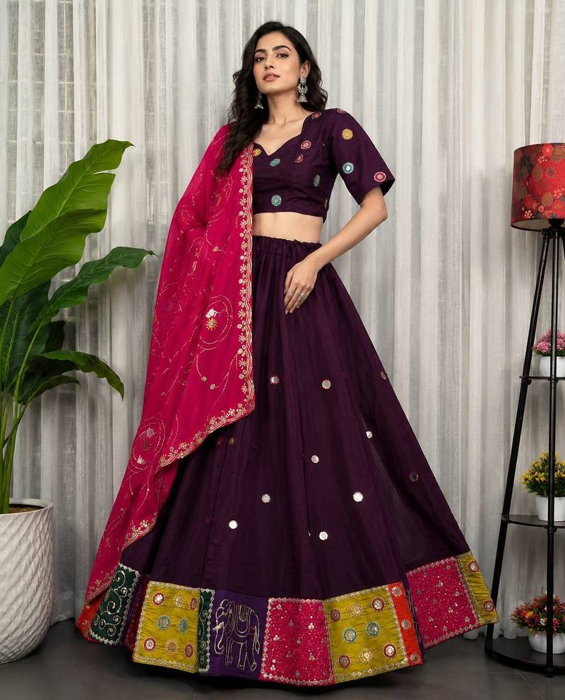Wine Embroidery and sequins Aari mirror Roman Silk Blend Lahenga Choli Set
