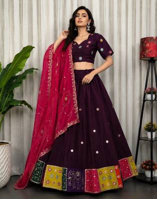 Wine Embroidery and sequins Aari mirror Roman Silk Blend Lahenga Choli Set 4