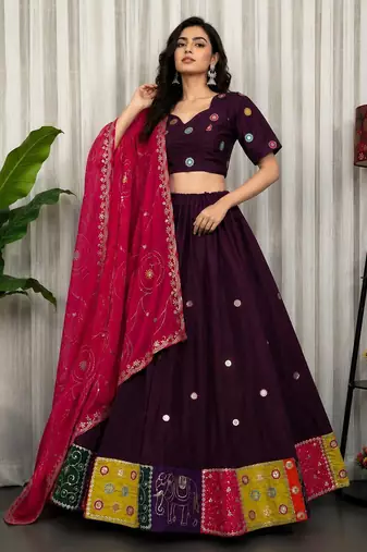 Wine Embroidery and sequins Aari mirror Roman Silk Blend Lahenga Choli Set