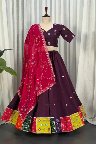 Wine Embroidery and sequins Aari mirror Roman Silk Blend Lahenga Choli Set