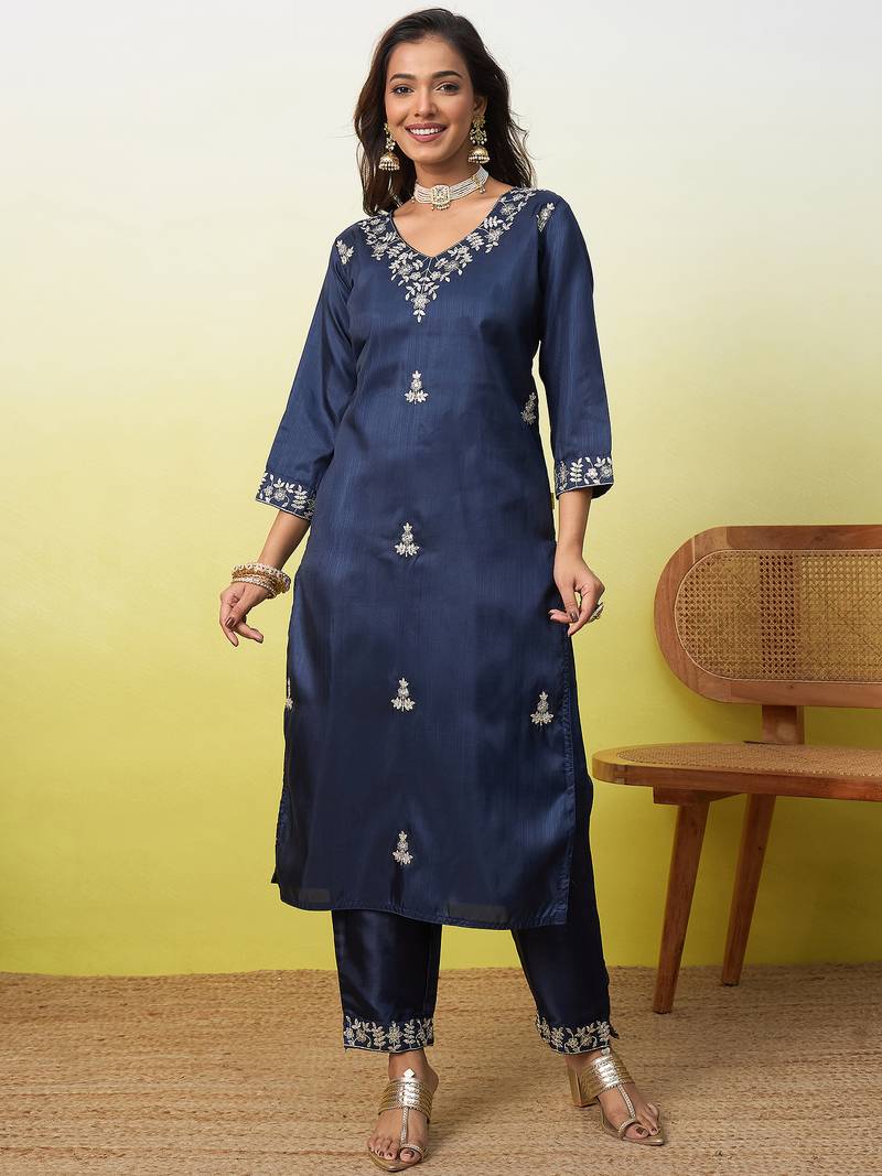 Navy-blue premium designer festive wear readymade suit