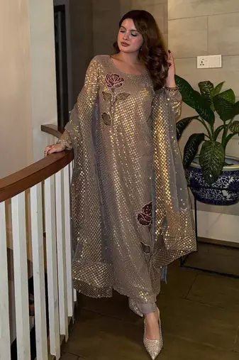 Grey twil sequance embroidery faux georgette kurta dupatta pent set