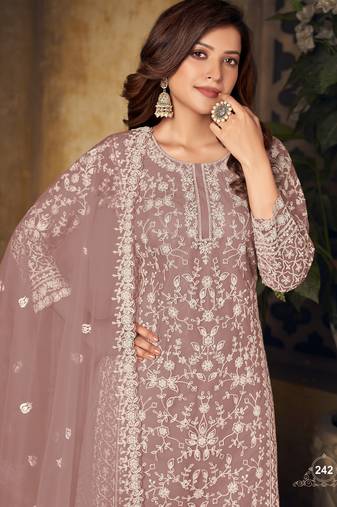 Enchanting Mauve Heavy Cording Work Net Salwar Suit